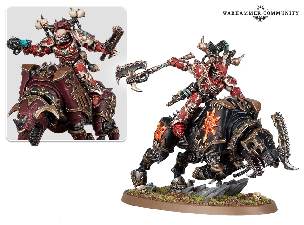 An image of the Warhammer 40K World Eaters model Lord Invocatus, an armor clad warrior atop a raging rhino-like beast